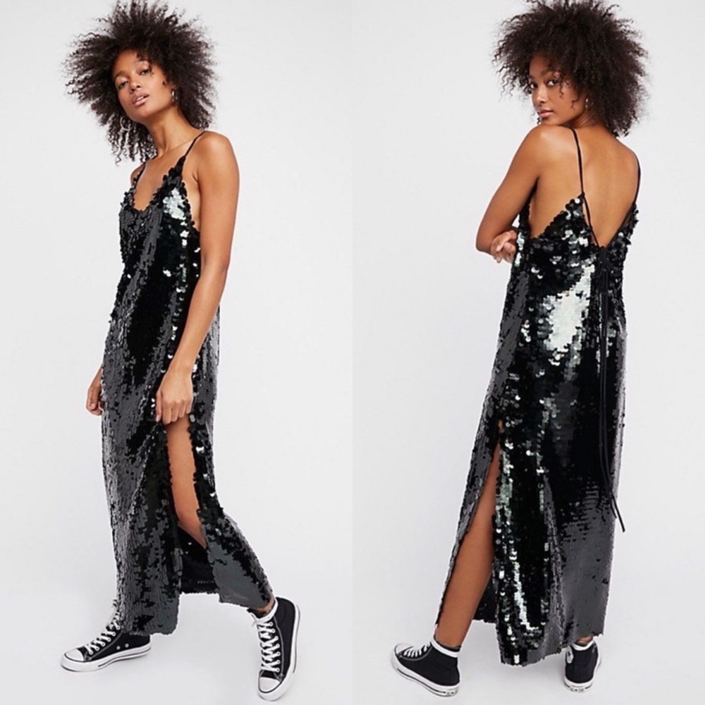 NEW Free People Paillette Party Sequin Midi Slip Dress XS Black Side Slit